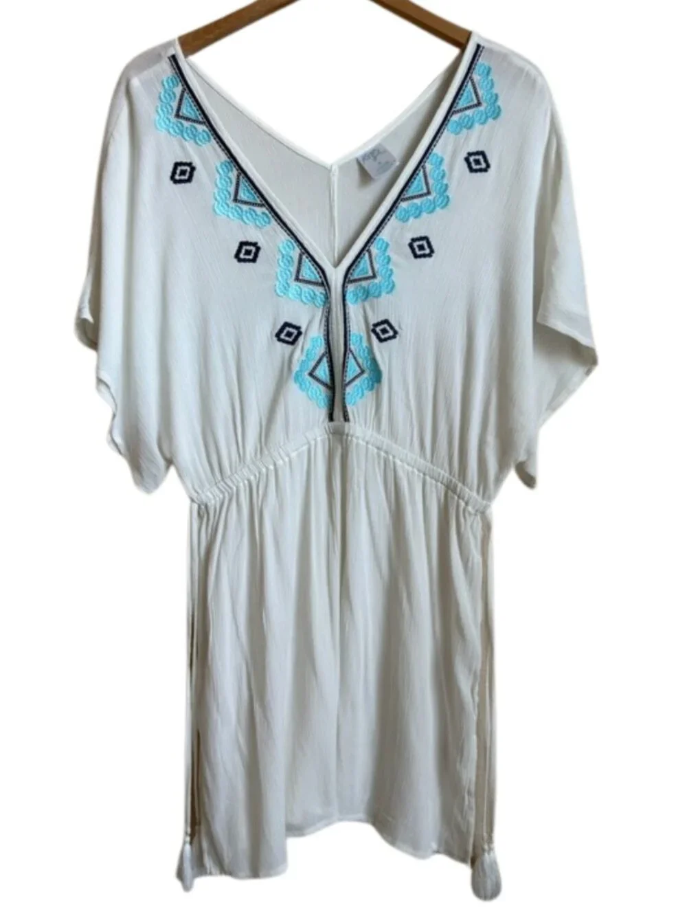 Kona Sol White Embroidered Tassel Swim Cover Up Dress Size M Boho Resort Wear - Picture 2 of 15